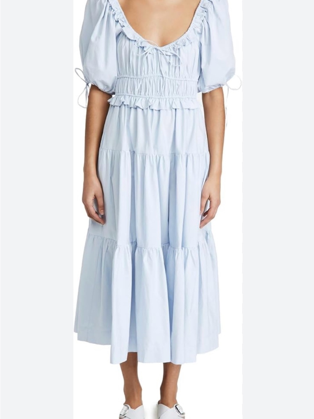 En Saison Light Blue Tiered Puff Sleeve Midi Dress